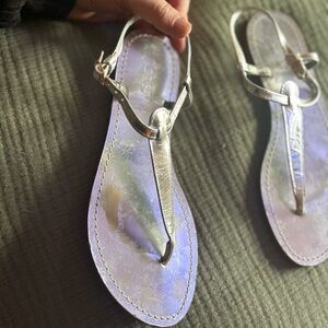 Silver Metallic j crew leather T-Strap thong Sandals 7